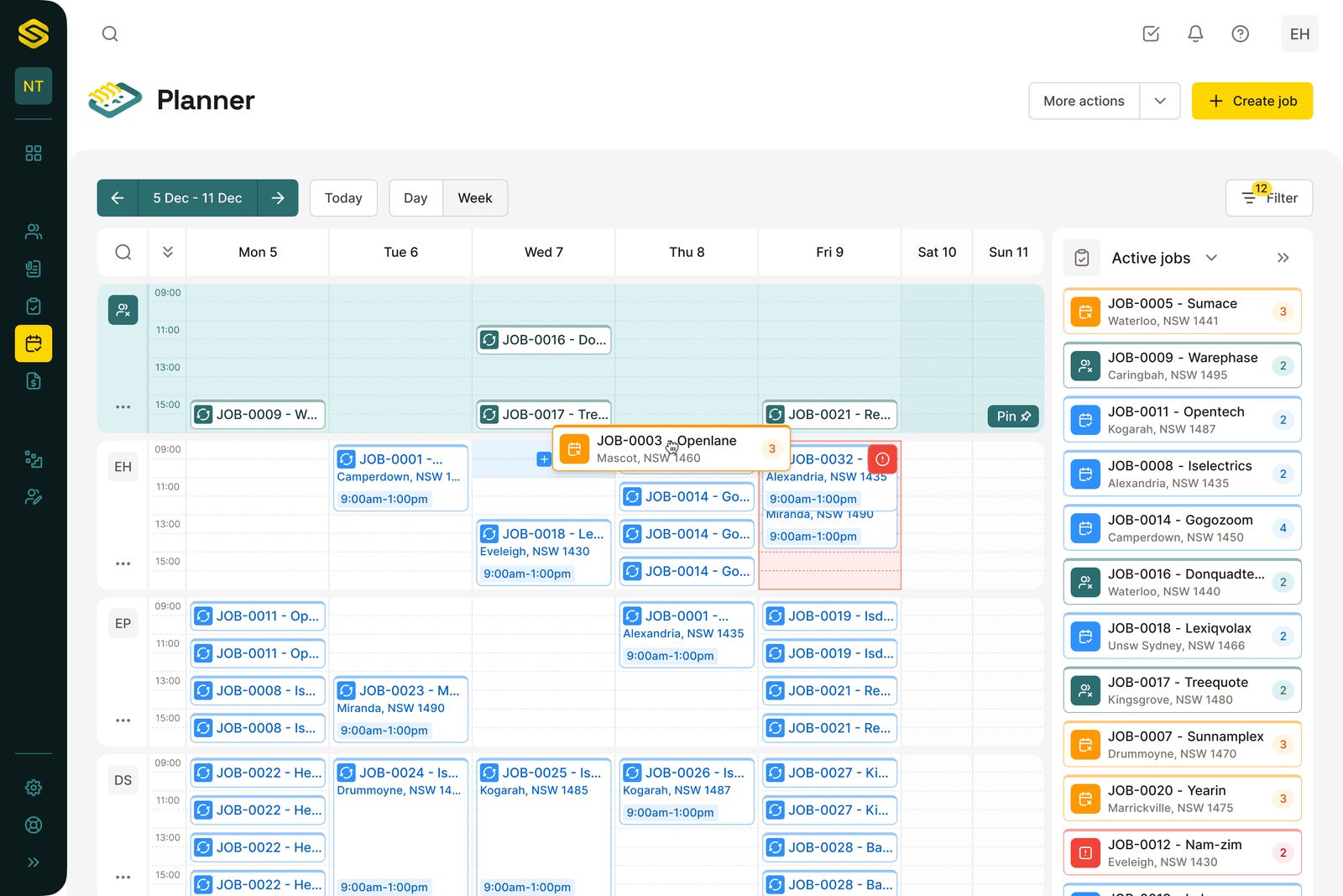 Servis Planner — weekly view with jobs colour-coded by cleaner